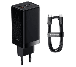 Slika izdelka: Baseus adapter CCGP050101 hišni polnilec 220V Gun3 Pro QC/PD 65W vhod 2x Type C 1x USB-A - Original (EU Blister) črn