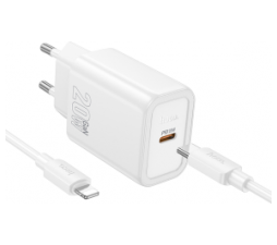 Slika 2 izdelka: Hoco polnilec N60 GaN PD 20W Type C s kablom Type C na Lightning za iPhone - bel
